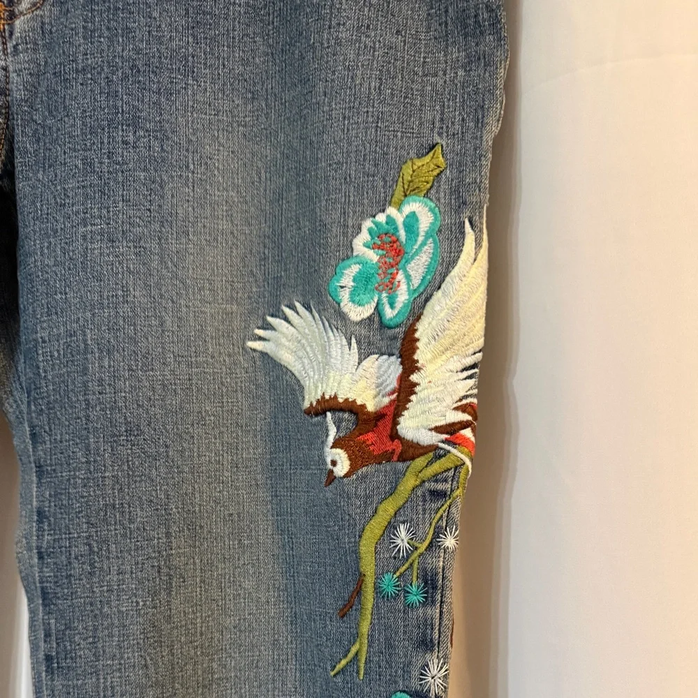 Y2K Embroidered Phoenix Low Rise Jeans 14 | Floral Bird Denim | Raw Hem | - Picture 4 of 16